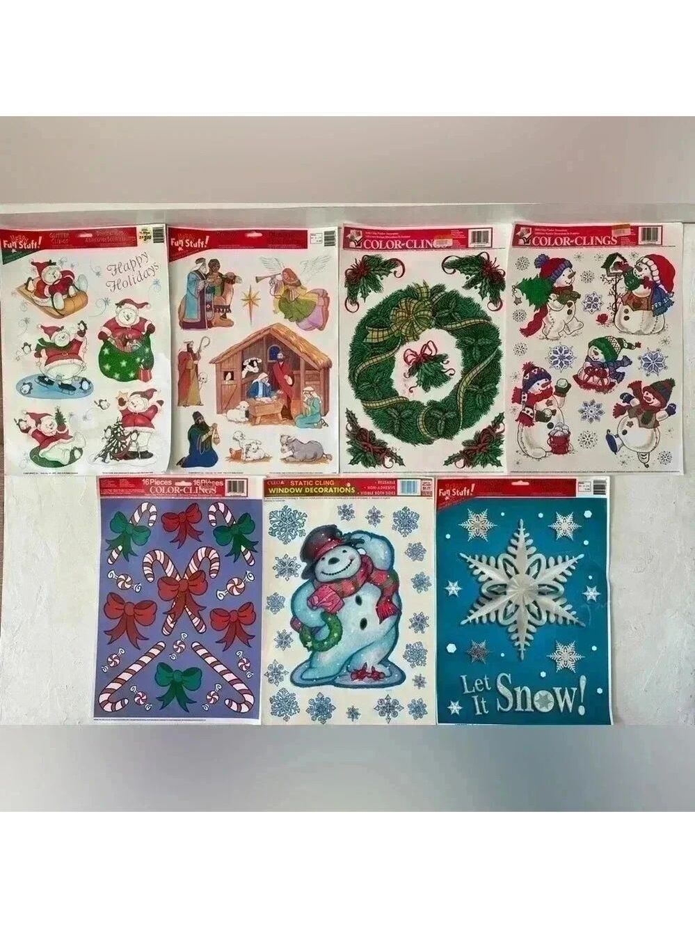 Vintage Christmas Window Decoration Reusable Static Sticker Clings Holo Lot of 7